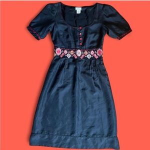 Vintage Silk Midi Dress with Embroidered Bust